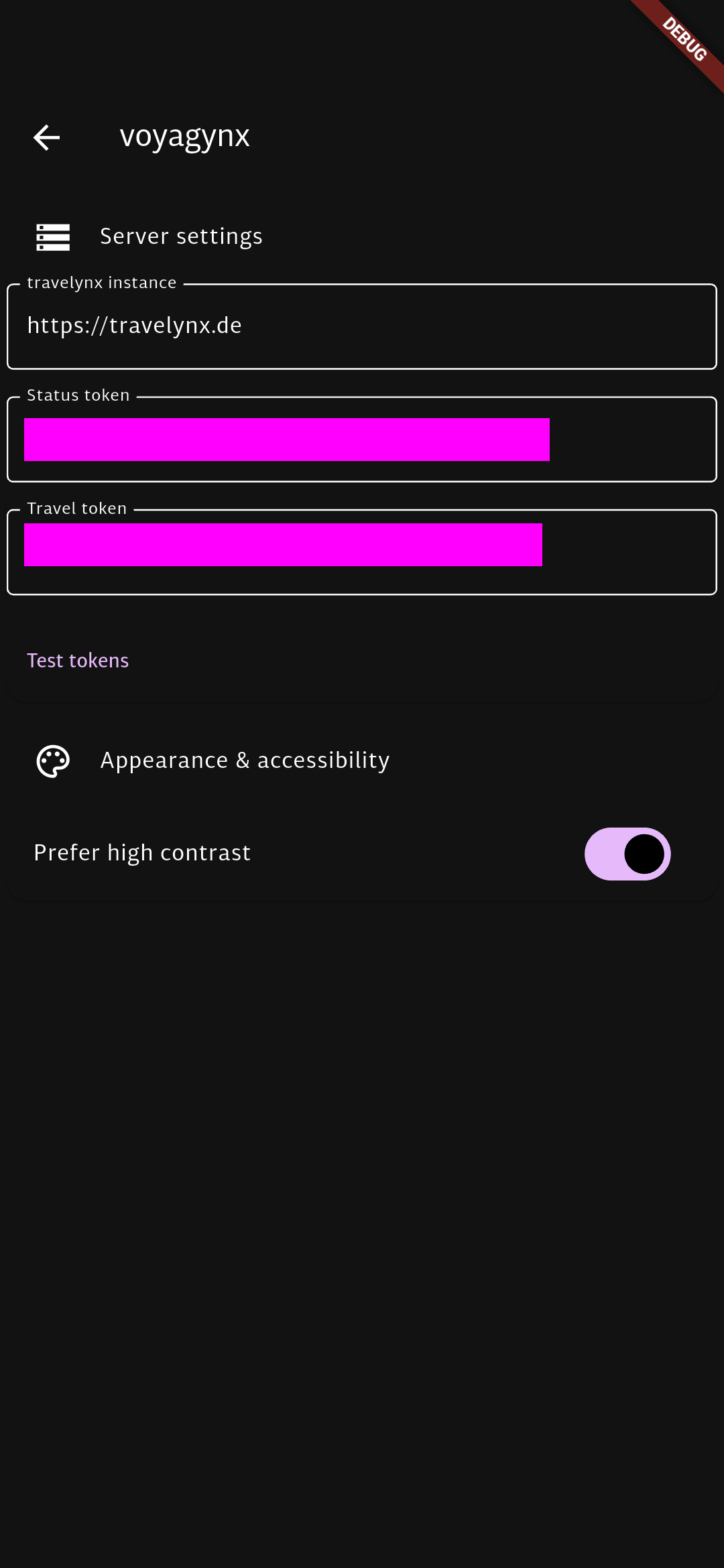 Settings screen of voyagynx. The server is set to travelynx.de and the two tokens are redacted. The high-contrast switch is turned on. Font is white on black surface. Settings screen of voyagynx. The server is set to travelynx.de and the two tokens are redacted. The high-contrast switch is turned on. Font is white on black surface.